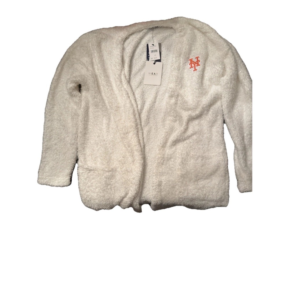 WEAR by Erin Andrews New York Mets Fuzzy Open Front Cardigan White‎ Womens 2XL